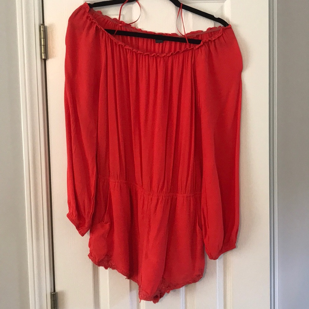 Bright red long sleeve off the shoulder romper